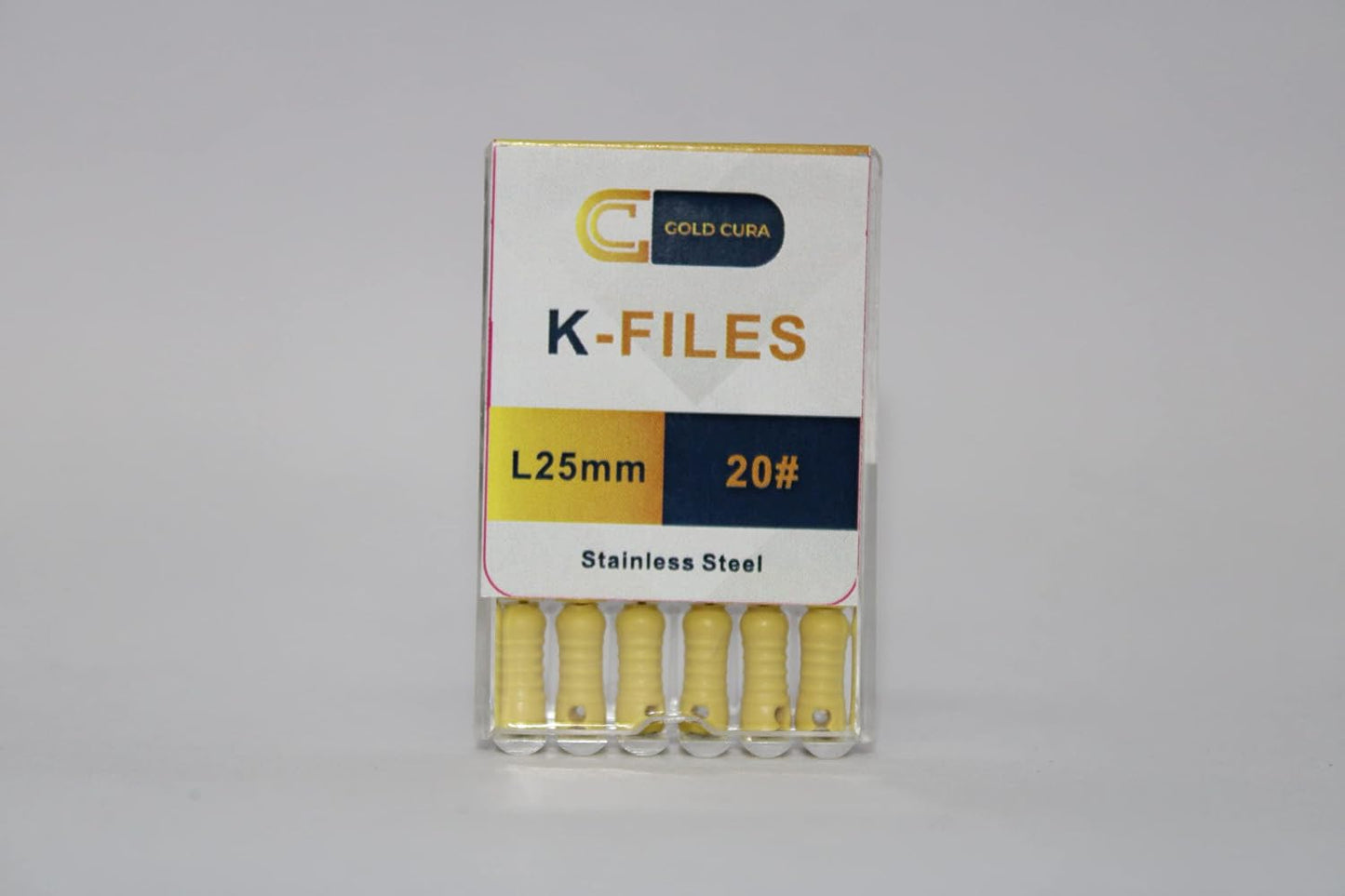 Gold Cura Dental SS Hand K Files 25mm | Stainless Steel Root Canal Endodontic Hand File | Pack of 6 Files | Size: #20