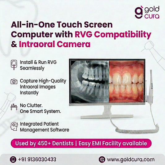 Gold Cura dental touch screen computer front view for chairside diagnostics in India