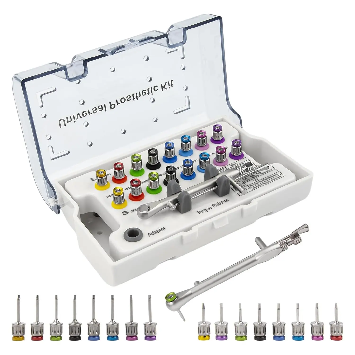 Universal Prosthetic Implant Hex Driver Kit with torque ratchet and drivers