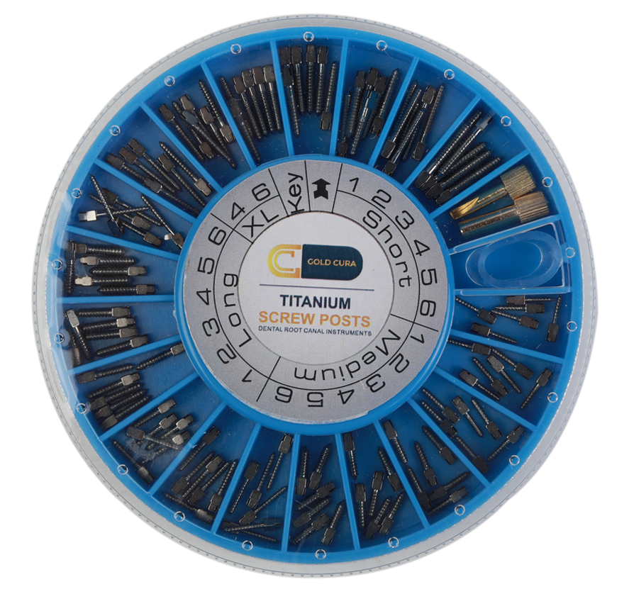 Gold Cura Titanium Screw Posts for Root Canal Restoration - Dental Screw Posts India