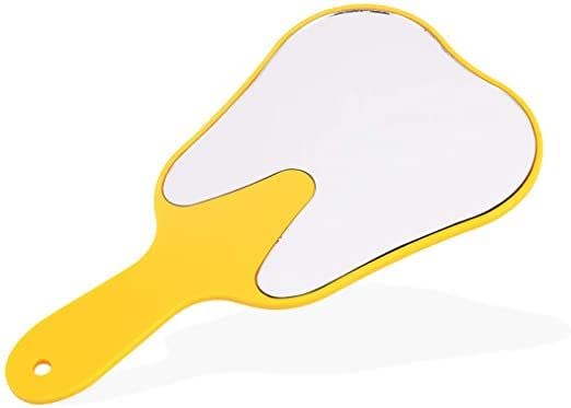 Gold Cura tooth-shaped acrylic patient hand mirror for dental clinics