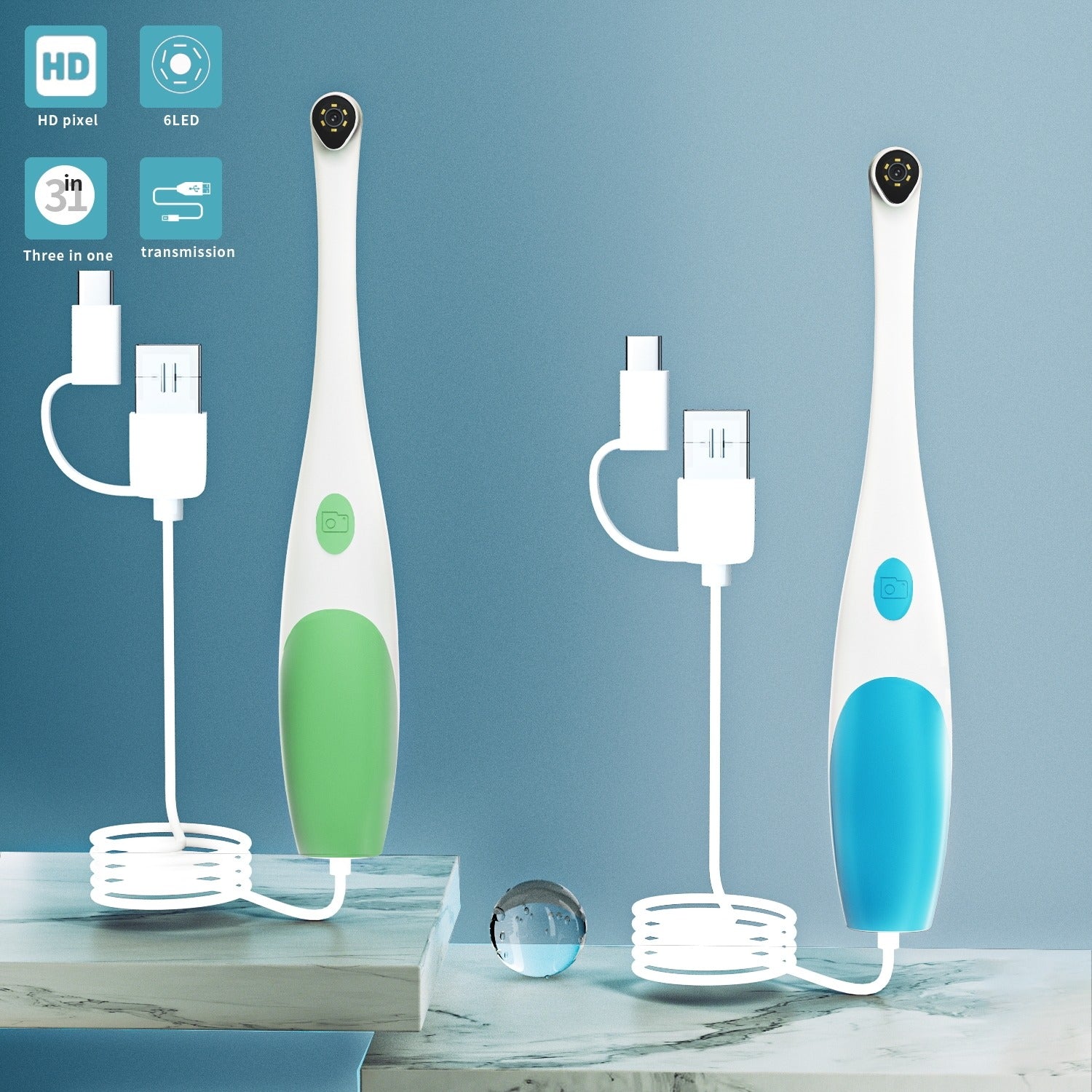 Blue and green 3MP wired dental intraoral cameras with connector cable
