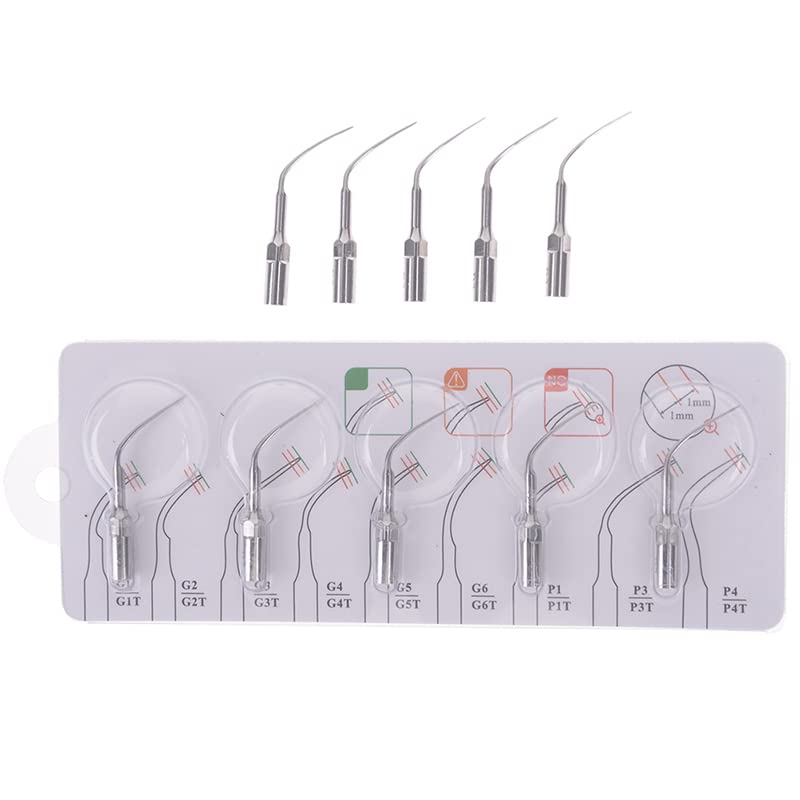 Gold Cura Ultrasonic Scaler Tips | Dental Scaler Tips | Assorted Pack of 5 Tips | Compatible with Woodpecker & EMS | Tip Sizes: 2xG1 2xG2 & 1xP1