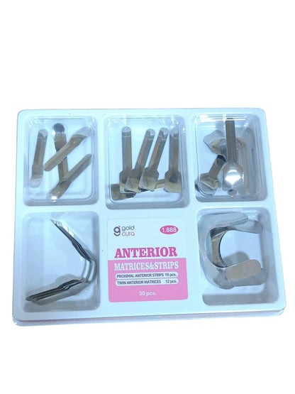 Gold Cura anterior matrix band kit with metal matrices and strips, 30 pieces