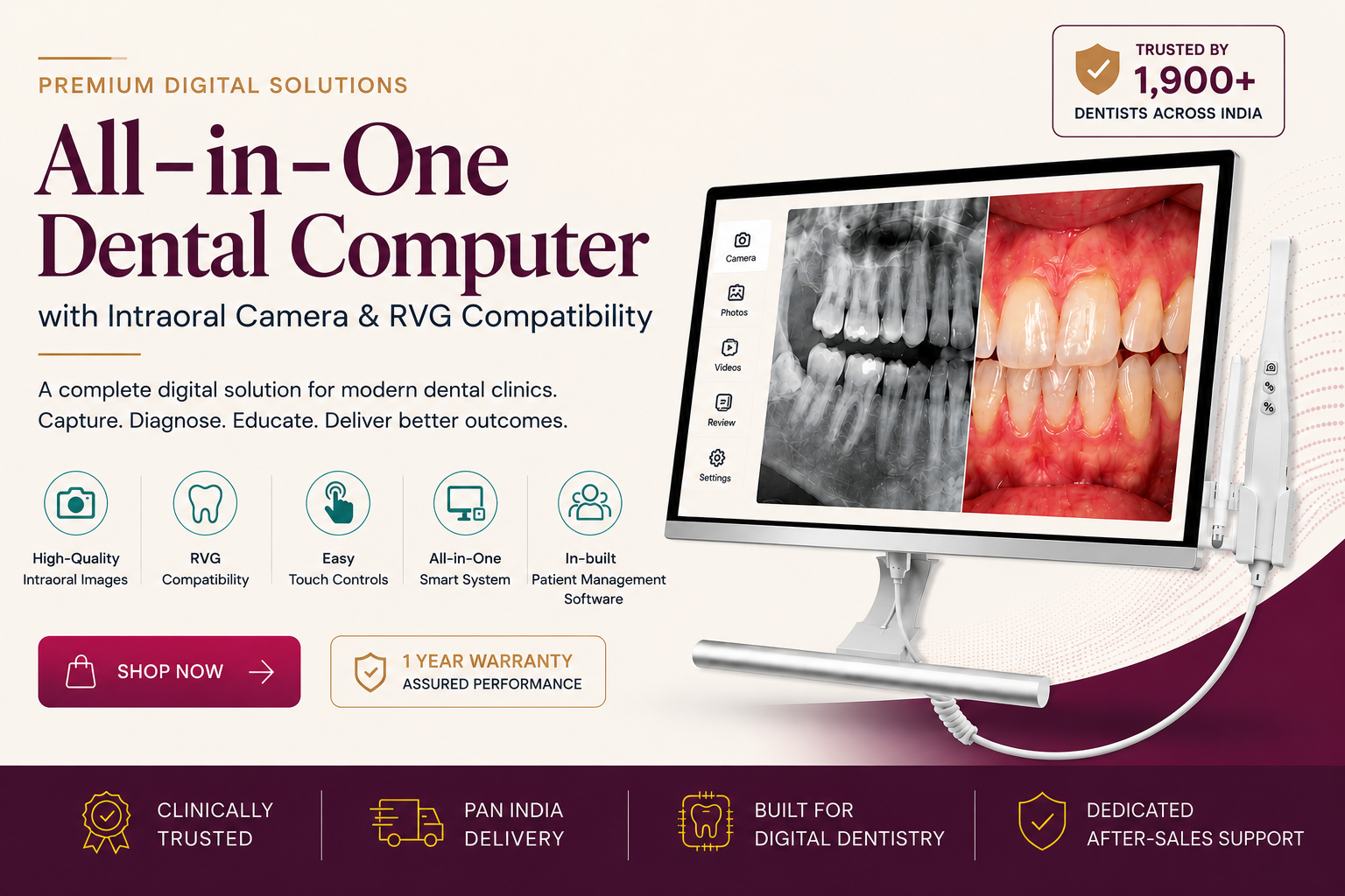 Advertisement for All-in-One Dental Computer with introral camera and RVG compatibility, featuring a monitor displaying dental images.