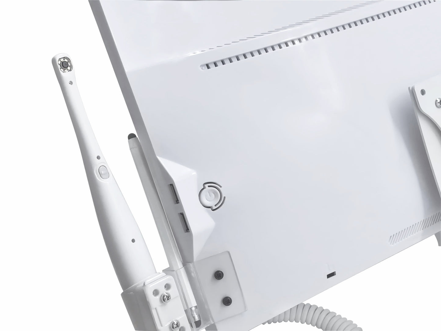 Dental touch screen workstation with intraoral camera handpiece, rear connectivity ports