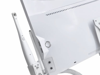 Dental touch screen workstation with intraoral camera handpiece, rear connectivity ports