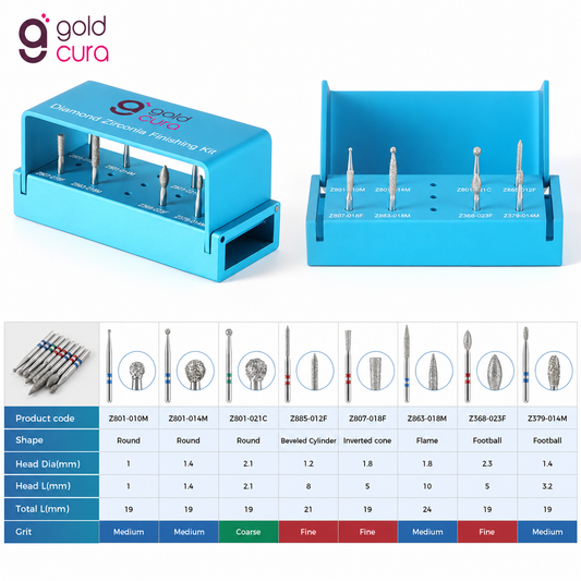 Zirconia finishing bur kit for dental crown adjustment