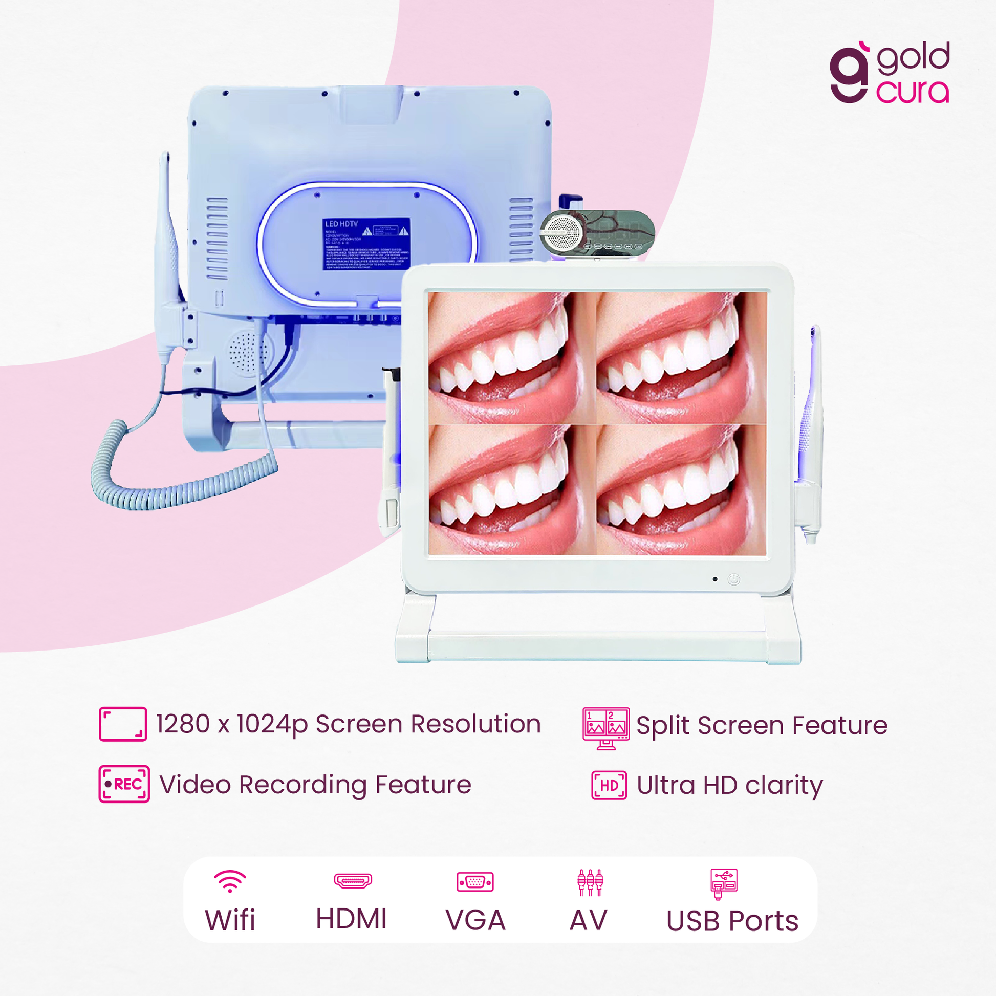 Gold Cura dental intraoral camera unit with 17-inch screen and handpiece