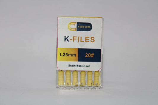 Gold Cura stainless steel K-files 25 mm size 20, pack of 6