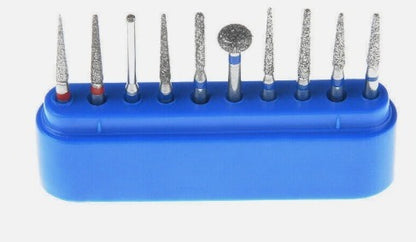 Open anterior crown preparation kit showing 10 FG burs