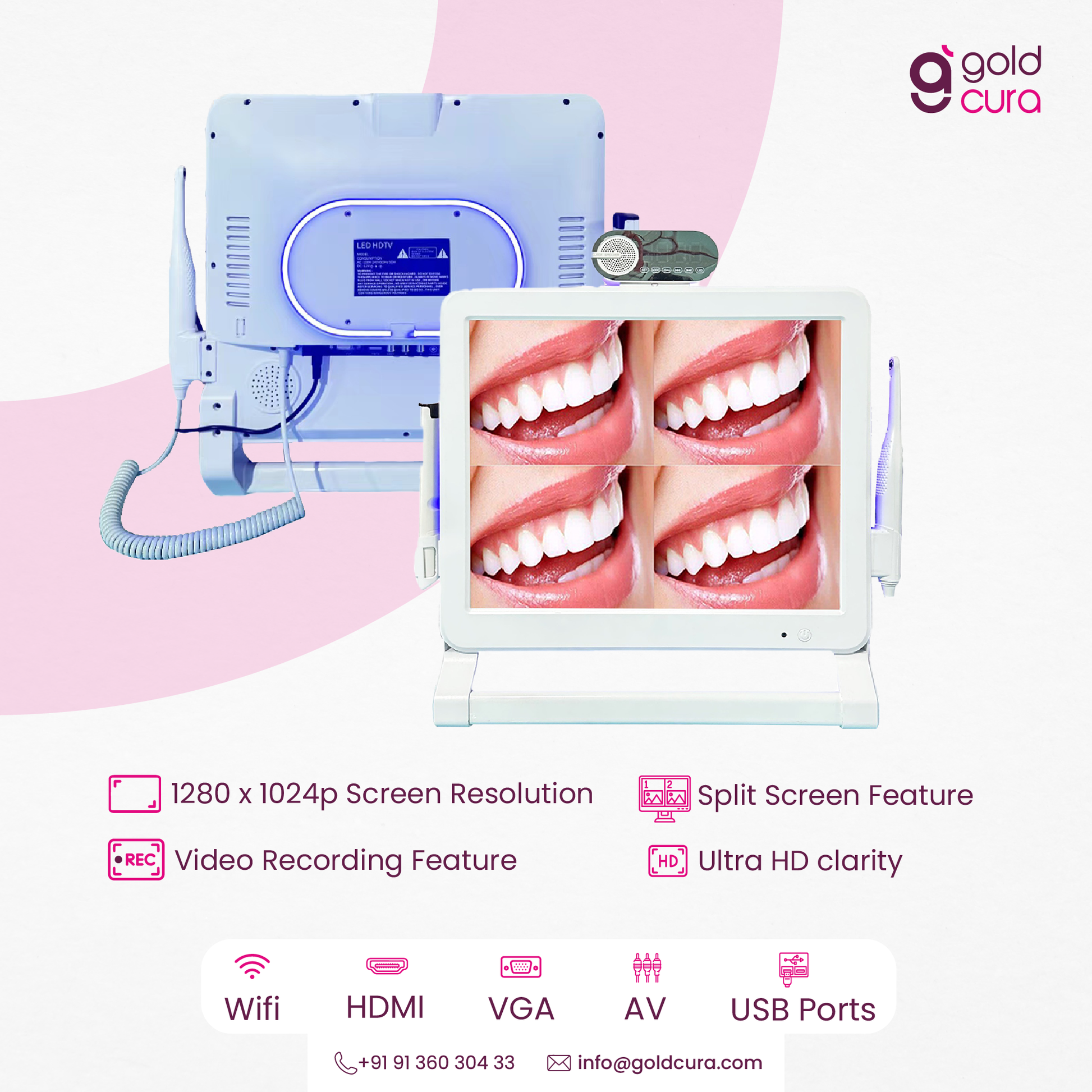 Gold Cura 18MP intraoral camera showing four-screen multi-image view for dental clinics
