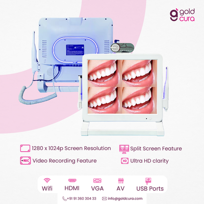 Gold Cura 18MP intraoral camera showing four-screen multi-image view for dental clinics