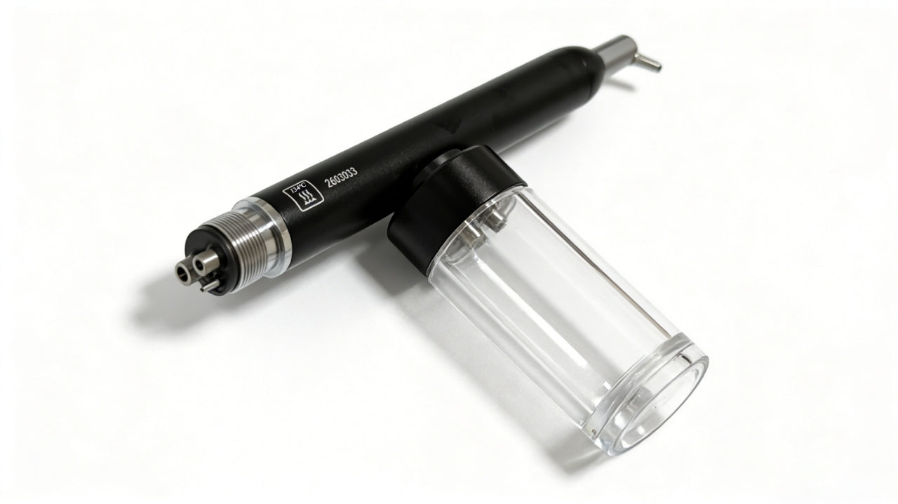 Dental sand blaster handpiece and transparent powder reservoir