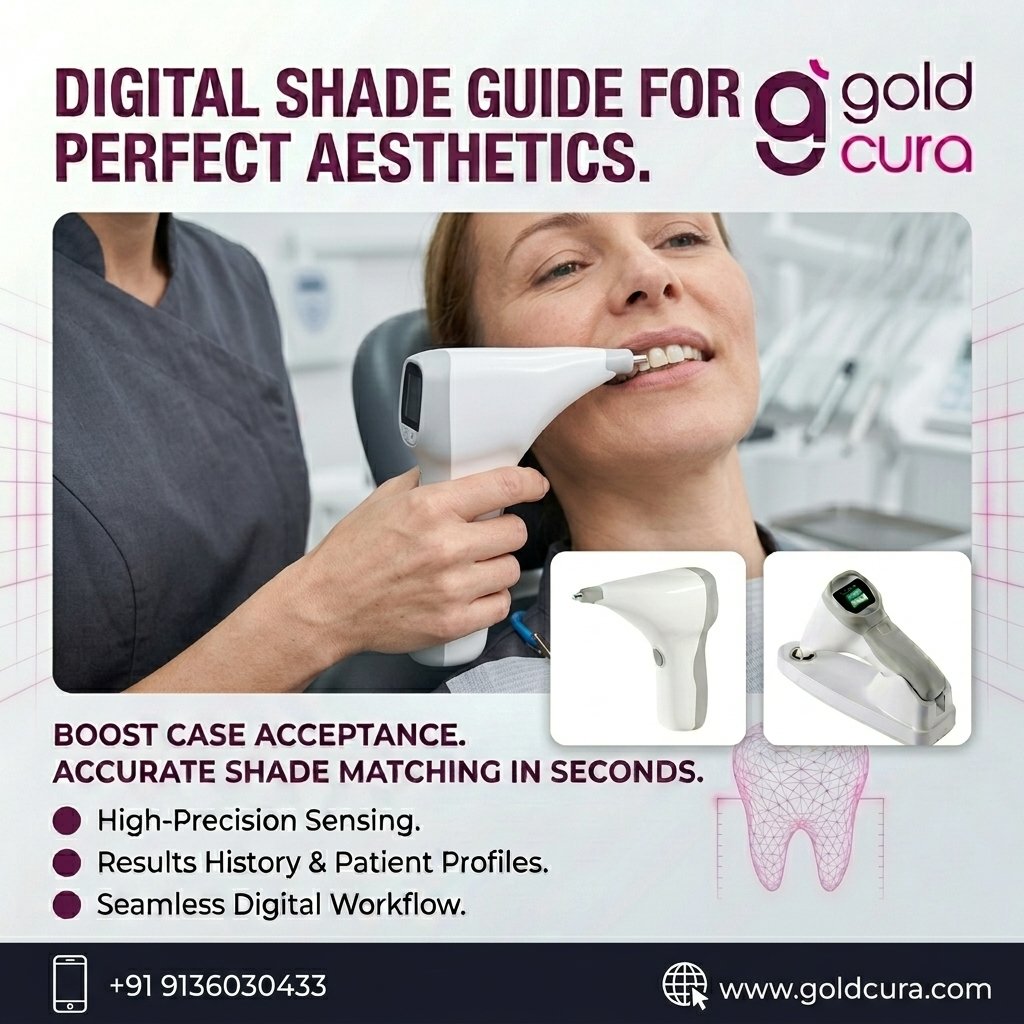 Dentist using the Gold Cura Digital Shade Guide chairside to measure a patient's tooth shade