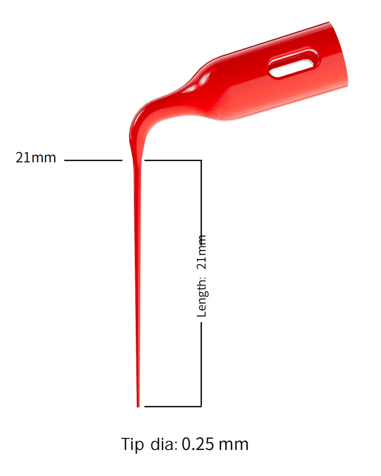 Gold Cura endo activator red tip dimensions, 21 mm length and 0.25 mm tip diameter