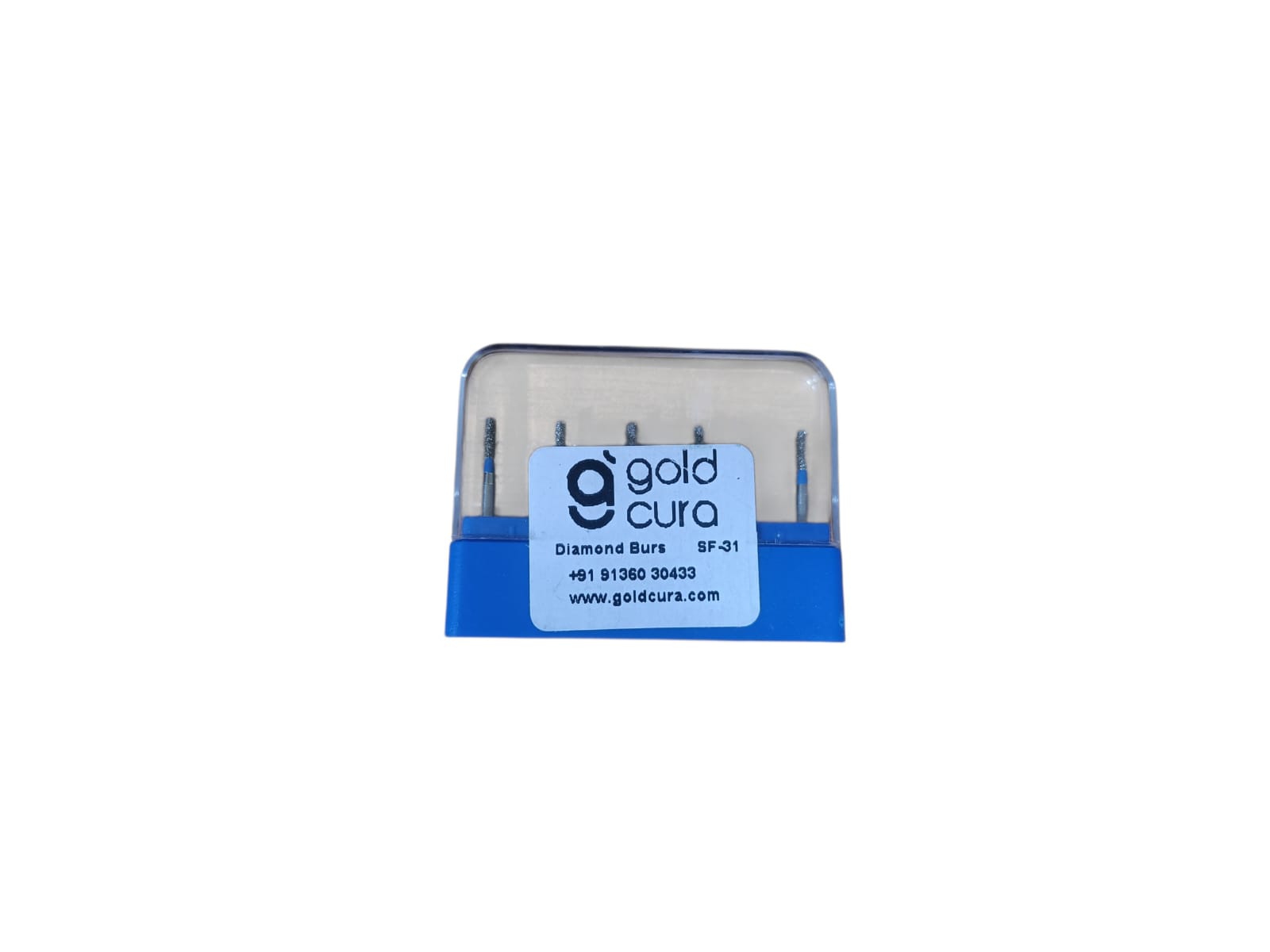 Gold Cura SF-31 compact straight flat-end FG diamond burs, pack of 5