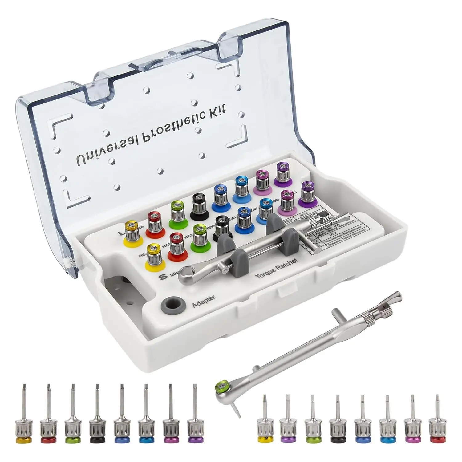 Universal Prosthetic Implant Hex Driver Kit with torque ratchet and drivers